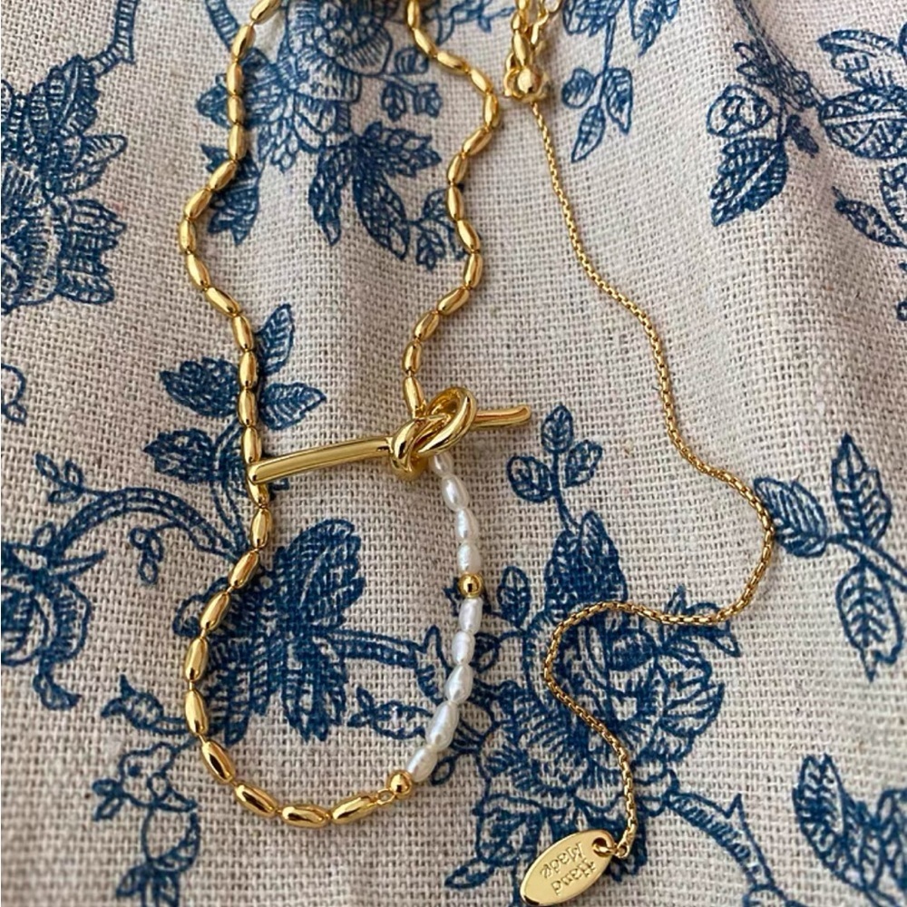 Gold Pearl Knots Chain Necklace, 18k Gold and 925 Sterling Silver - Picture 5 of 9